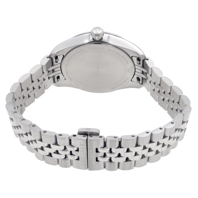 Tissot Ballade women's watch caseback view showing silver steel bracelet and case