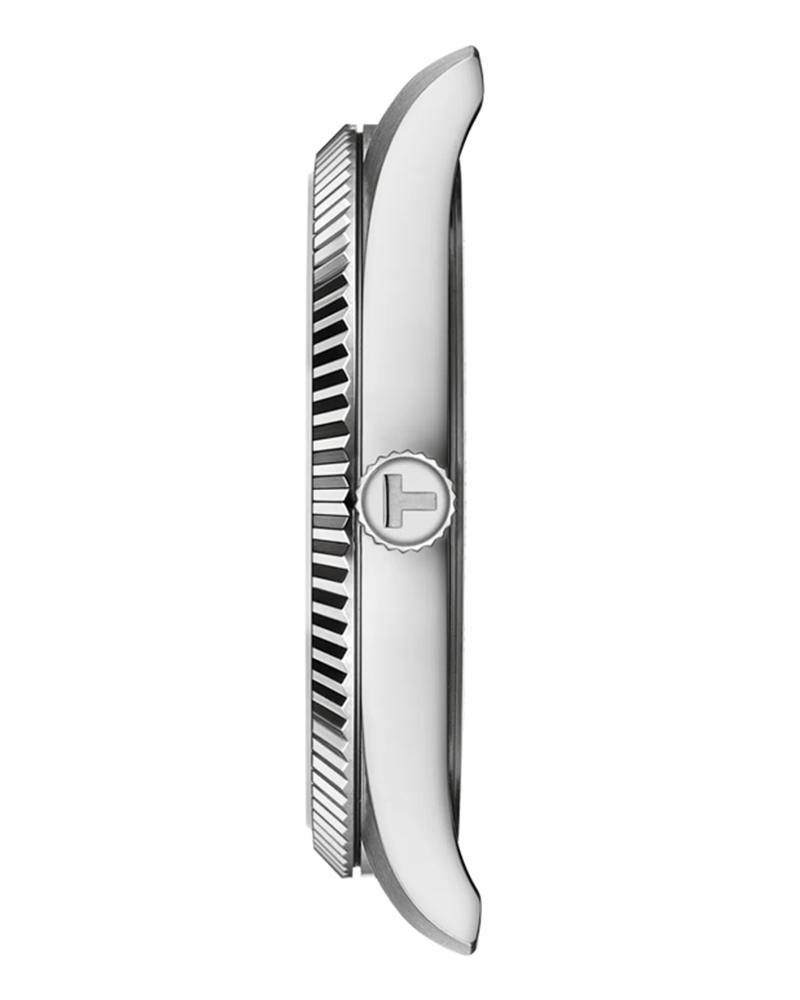 Tissot Ballade watch side profile showing case thickness and fluted bezel