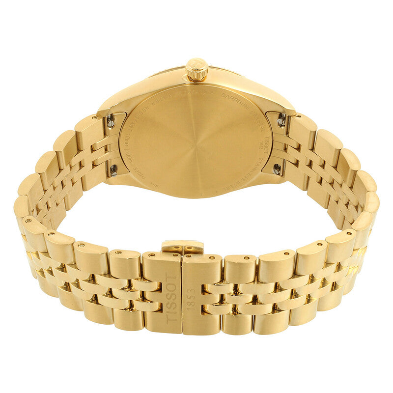 Back view of Tissot Ballade watch showing yellow gold plated steel case and bracelet