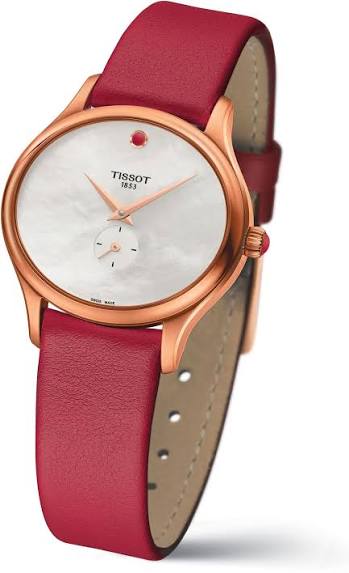 Side angle view of Tissot Bella Ora watch showing rose gold case and burgundy leather strap
