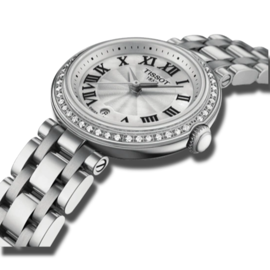 Tissot Bellissima Small Lady watch angled view showing dial and steel bracelet