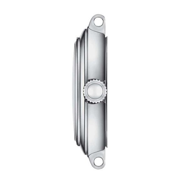 Side profile view of Tissot Bellissima stainless steel case showing crown and case thickness