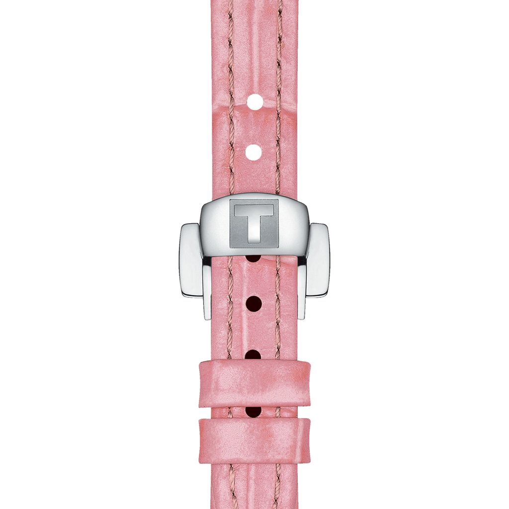 Pink leather strap with stainless steel deployant clasp and polka dot detail