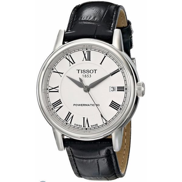 Three-quarter view of Tissot Carson Powermatic 80 showing white dial and black leather strap
