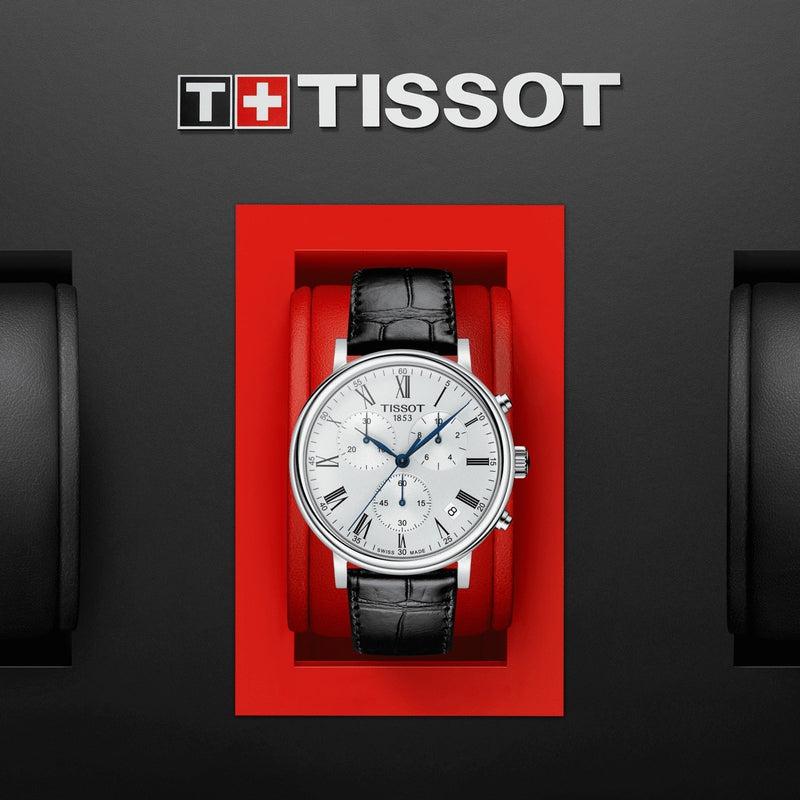 Tissot Carson Premium watch in red presentation box with Swiss Tissot branding