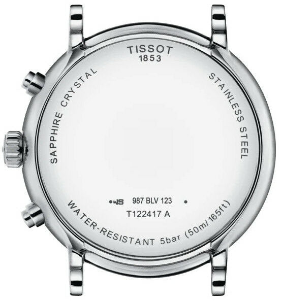 Tissot Carson Premium caseback showing movement view, sapphire crystal, and water resistance specs