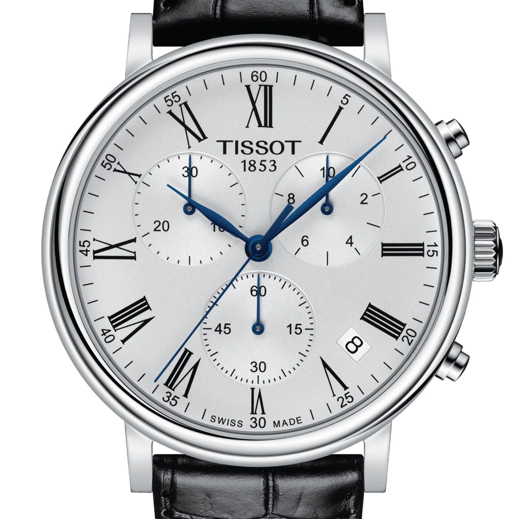 Tissot Carson Premium dial detail showing Roman numerals, chronograph subdials, and blue hands