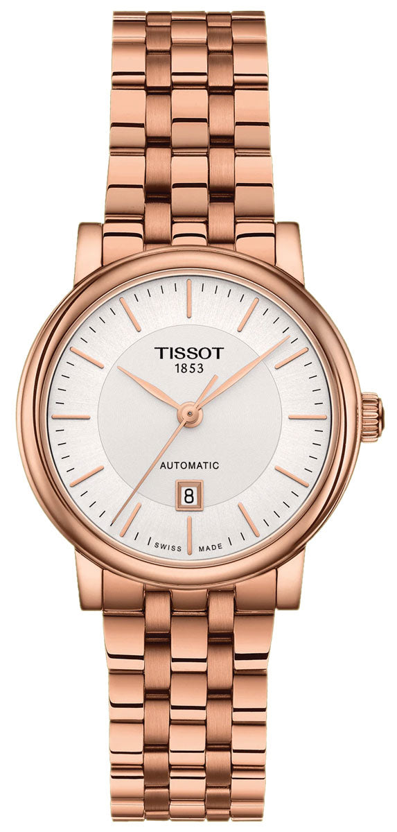 Tissot Carson Premium ladies automatic watch with silver dial and rose gold case and bracelet