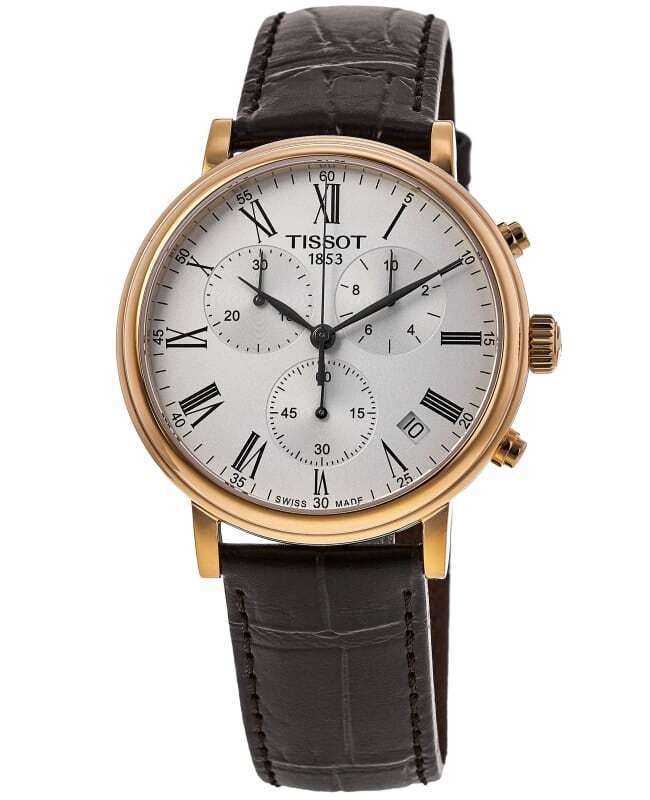 Tissot Carson Premium Chronograph at angle showing rose gold case and crocodile-textured brown leather strap