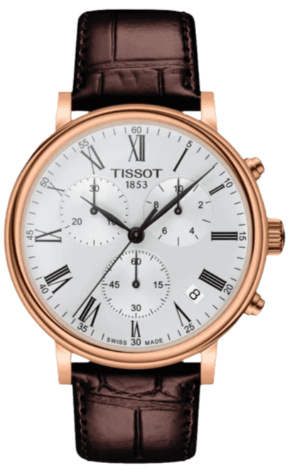 Tissot Carson Premium Chronograph watch with rose gold case and brown leather strap, silver dial with Roman numerals