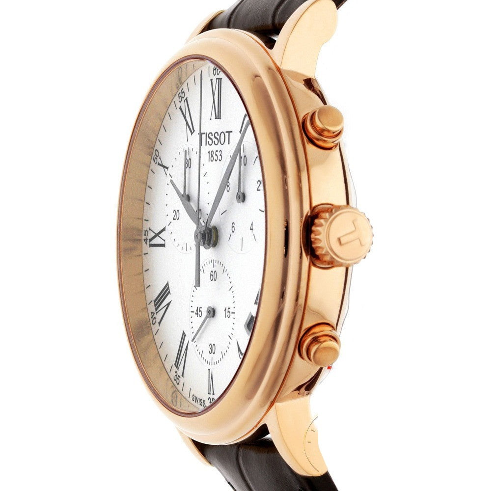 Tissot Carson Premium Chronograph on wrist with brown leather strap and rose gold case