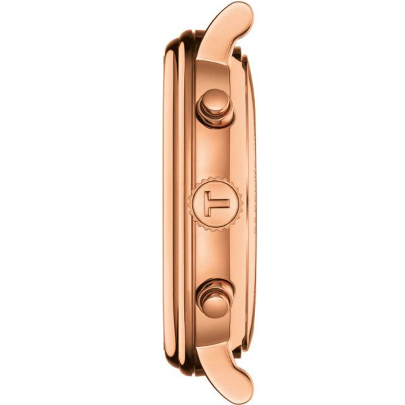 Side view of Tissot Carson Premium Chronograph showing rose gold case profile, crown, and chronograph pushers