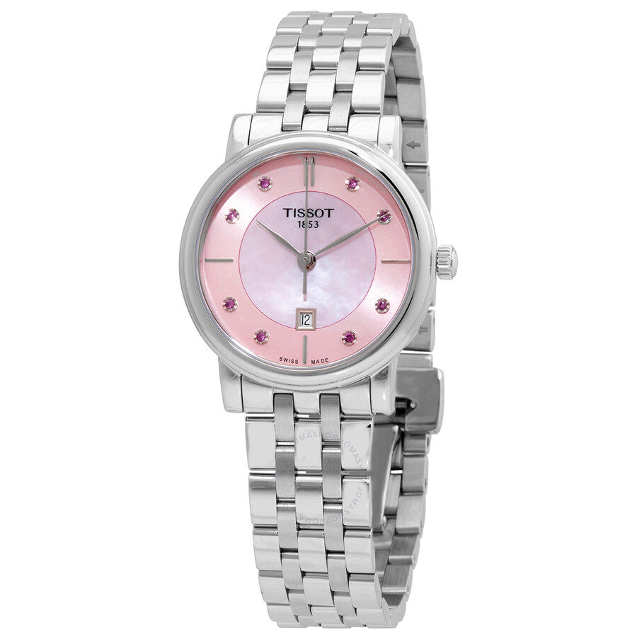 Tissot Carson quartz ladies watch with pink mother of pearl dial and diamond hour markers, stainless steel bracelet
