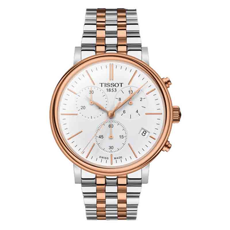 Tissot Carson Premium Chronograph white dial watch with two-tone steel and rose gold strap