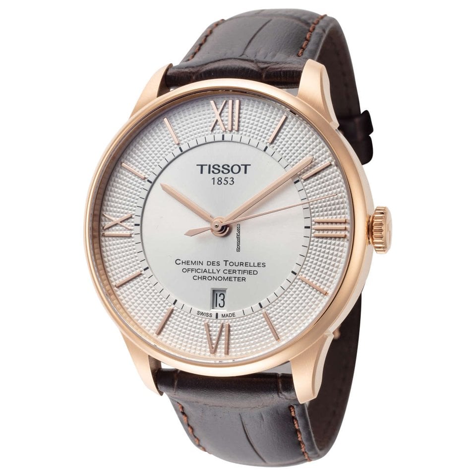 Tissot Chemin Des Tourelles watch at angle showing rose gold case and dial details