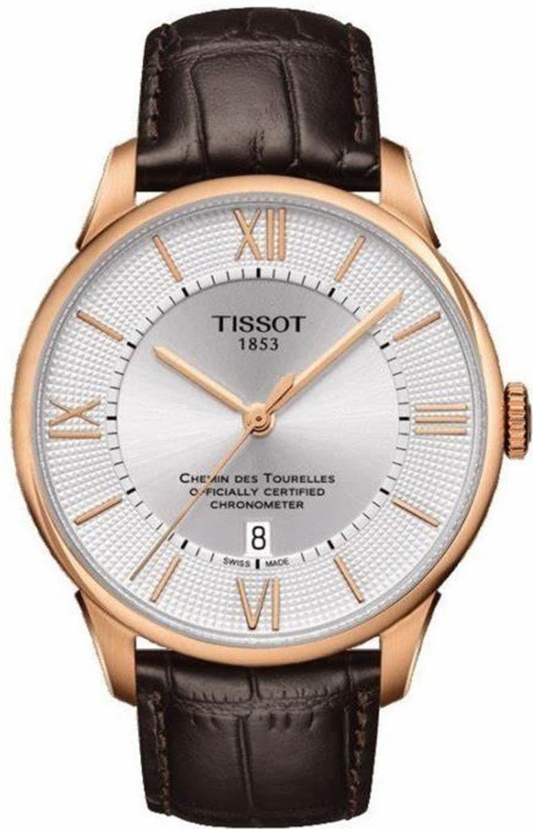 Tissot Chemin Des Tourelles Powermatic 80 COSC men's watch with rose gold case, silver dial and brown leather strap