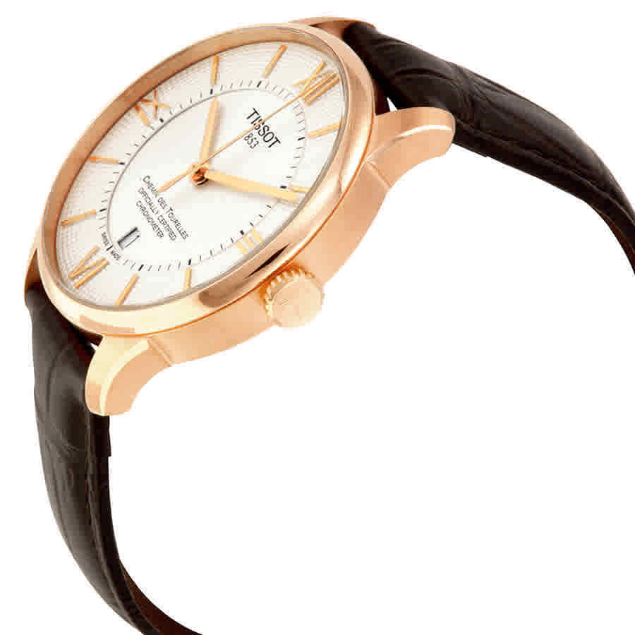 Tissot Chemin Des Tourelles watch side profile with rose gold case and brown leather strap