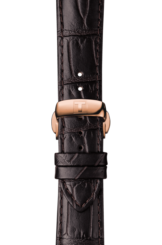Tissot Chemin Des Tourelles brown crocodile leather strap with rose gold deployant clasp