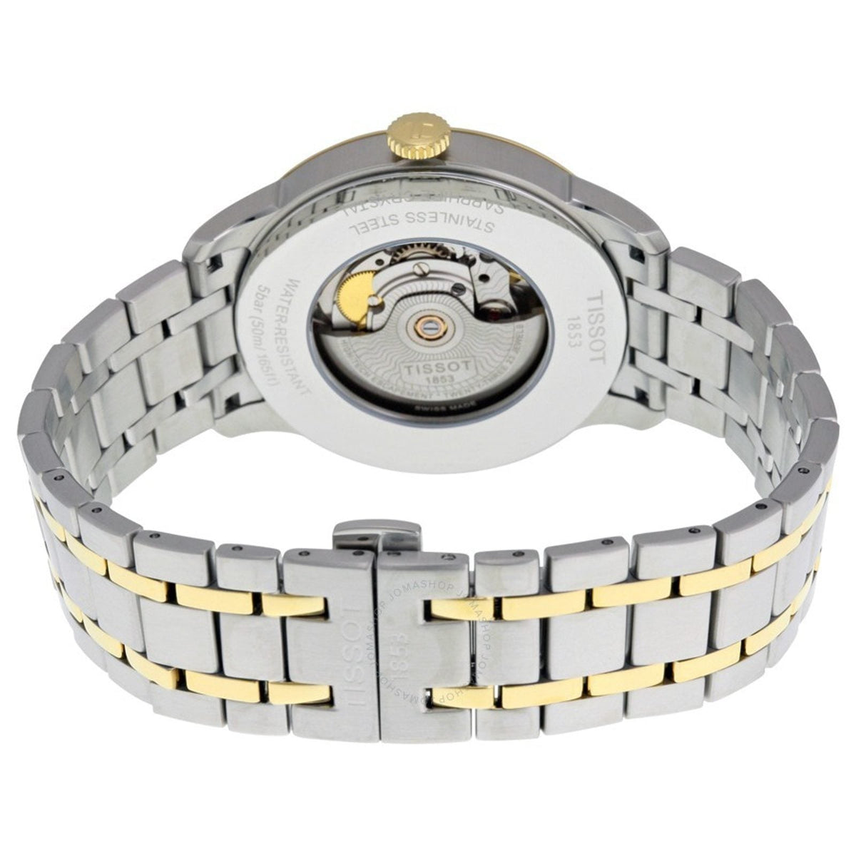 Tissot Chemin Des Tourelles caseback showing Powermatic 80 automatic movement and two-tone bracelet