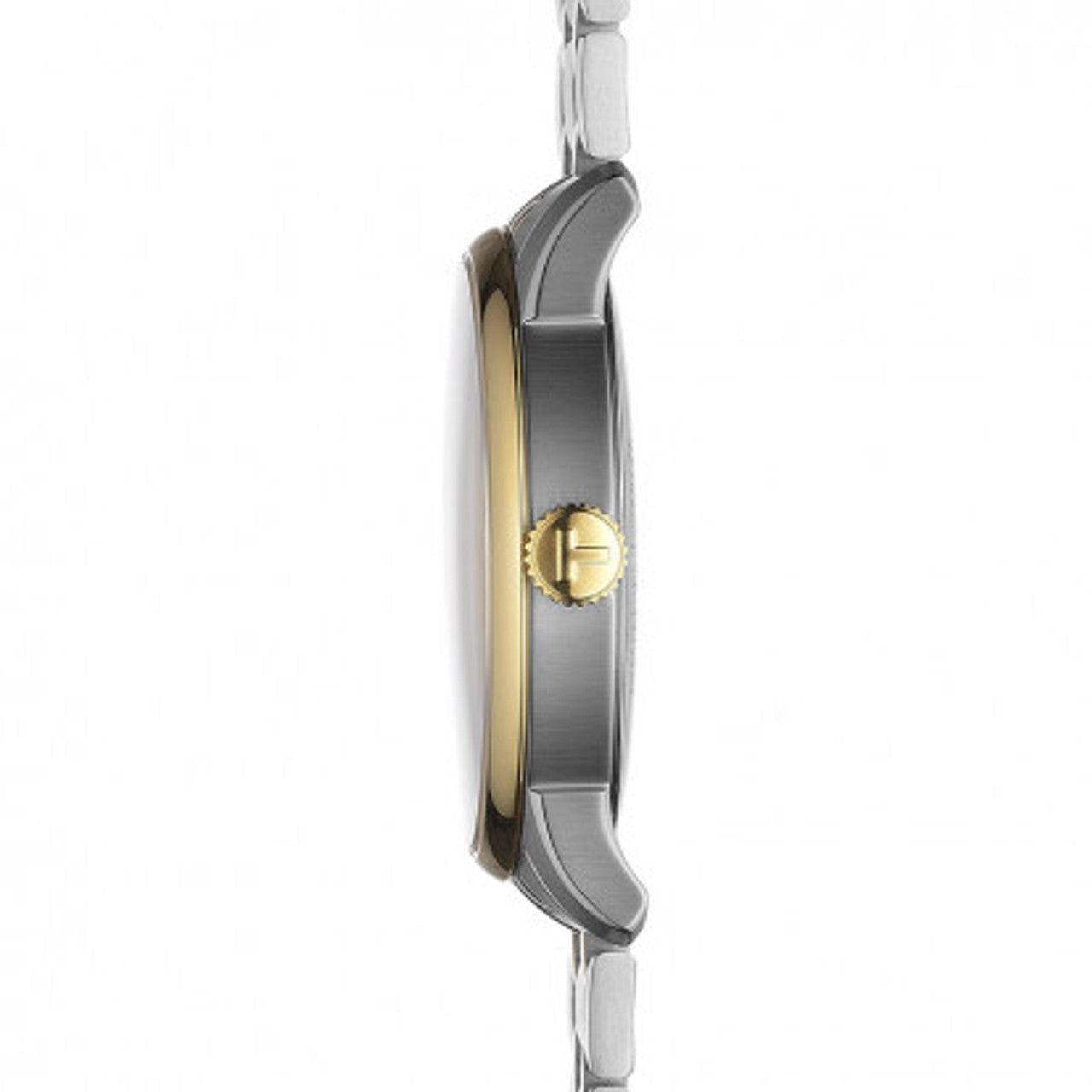 Side profile of Tissot two-tone watch showing thin case and crown placement