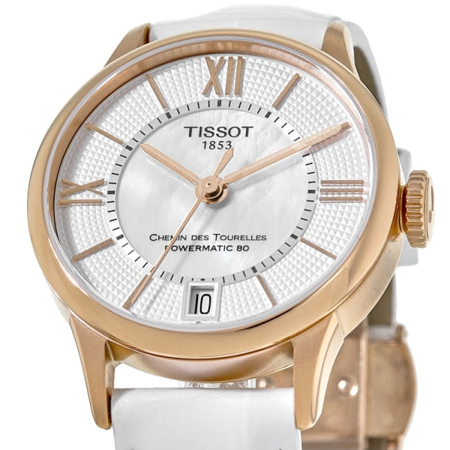 Tissot Chemin Des Tourelles Powermatic 80 Rose Gold Tone MOP Leather Strap Women's Watch - T099.207.36.118.00