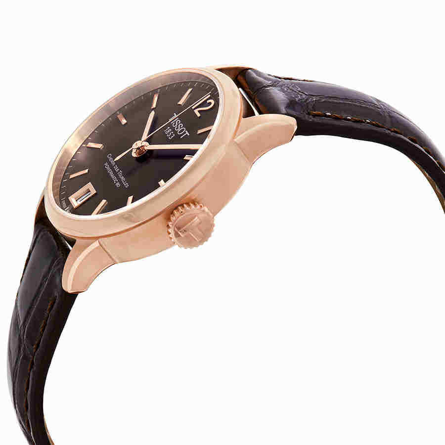 Side angle view of Tissot Chemin Des Tourelles bronze case and brown croc-embossed strap