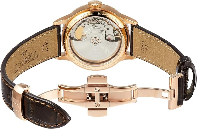 Tissot Chemin Des Tourelles watch displayed from back showing strap and movement