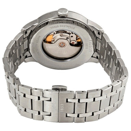 Caseback of Tissot Chemin Des Tourelles showing Powermatic 80 automatic movement with visible rotor
