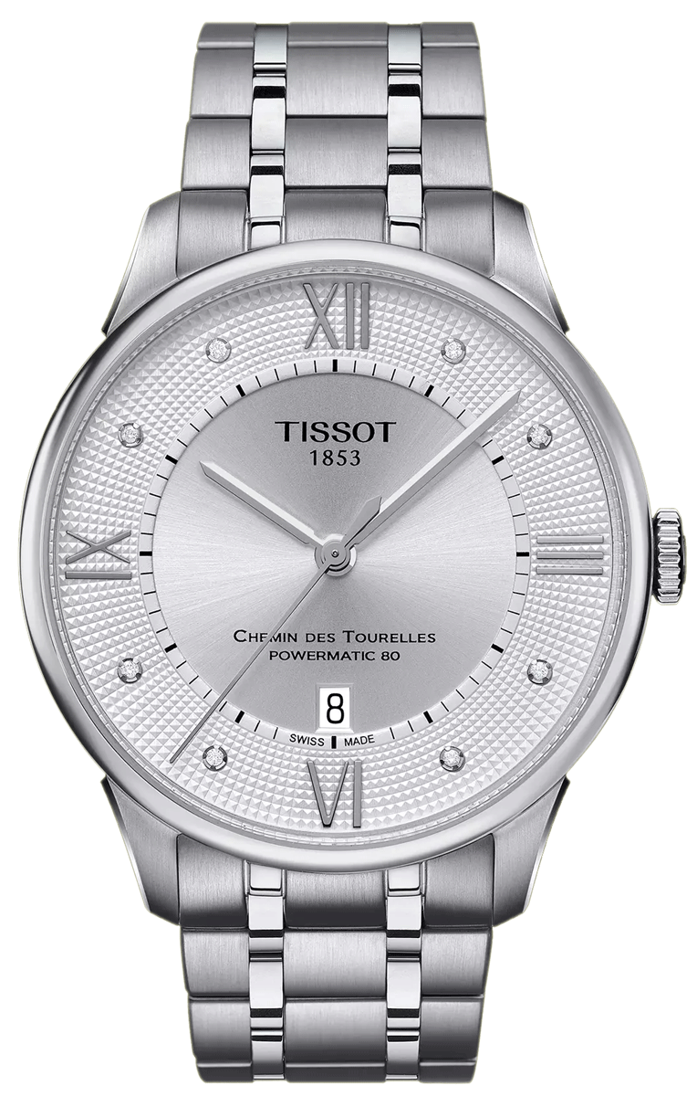Front view of Tissot Chemin Des Tourelles watch featuring silver dial with Roman numerals and diamonds
