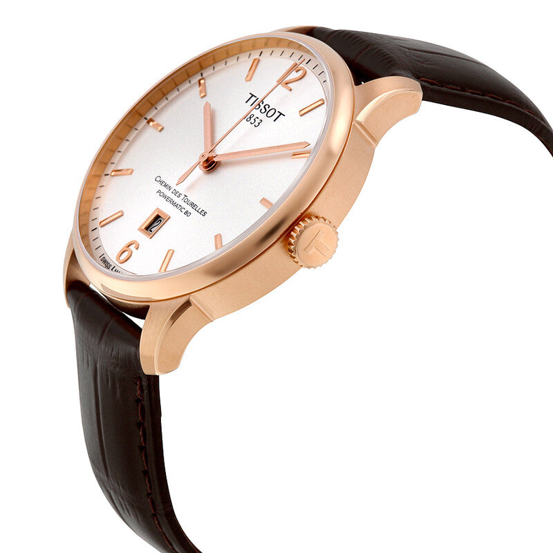 Tissot Chemin des Tourelles angle view showing rose gold case and brown crocodile leather strap