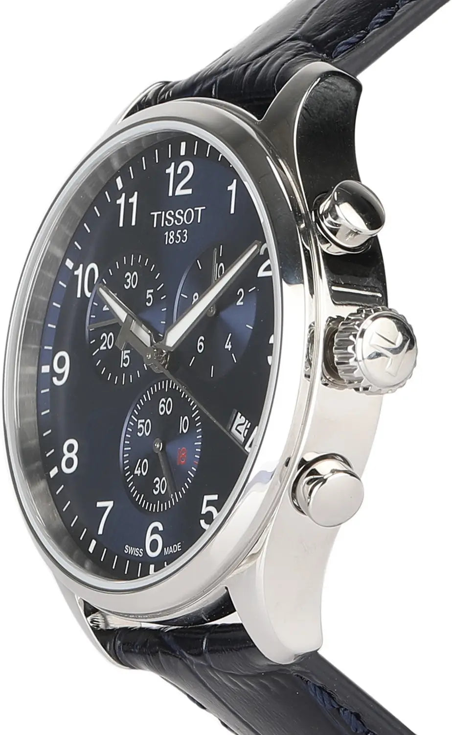 TISSOT Chrono XL watch from side view showing stainless steel case and chronograph pushers