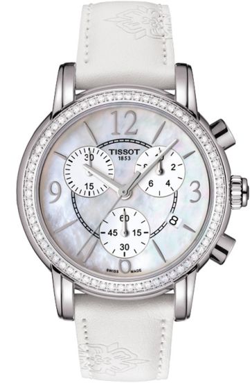 Tissot Dressport ladies watch with mother-of-pearl dial, diamond bezel, and white leather strap