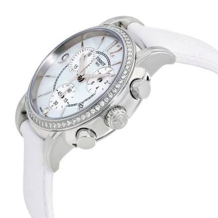 Tissot Dressport side view with white leather strap and chronograph pushers