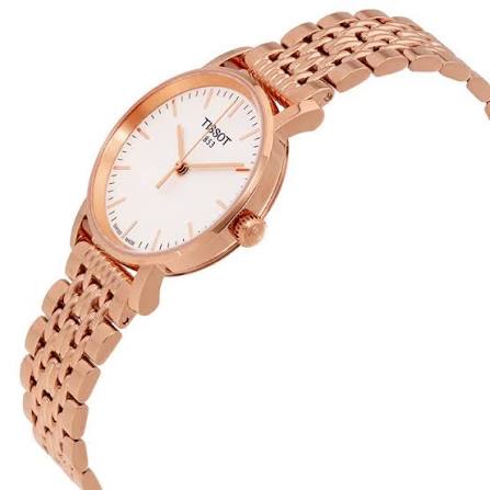 Tissot Everytime Small watch at angle showing rose gold case and mesh bracelet
