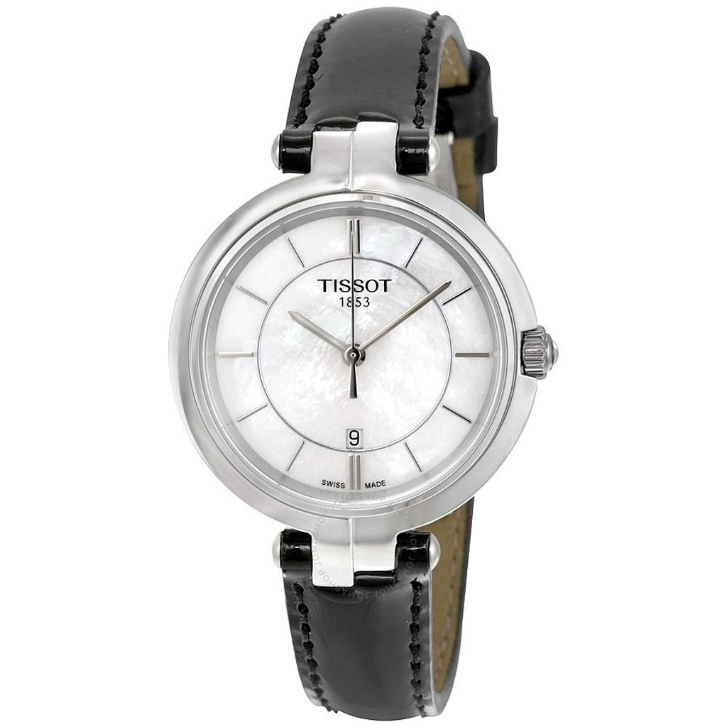 Tissot Flamingo watch angled view showing mother-of-pearl dial and leather strap