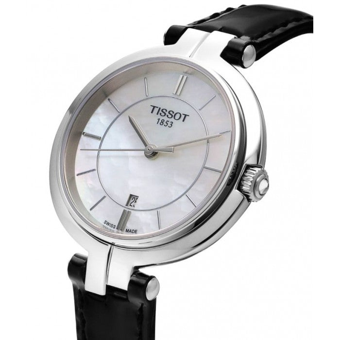 Side view of Tissot Flamingo watch showing case profile and leather strap