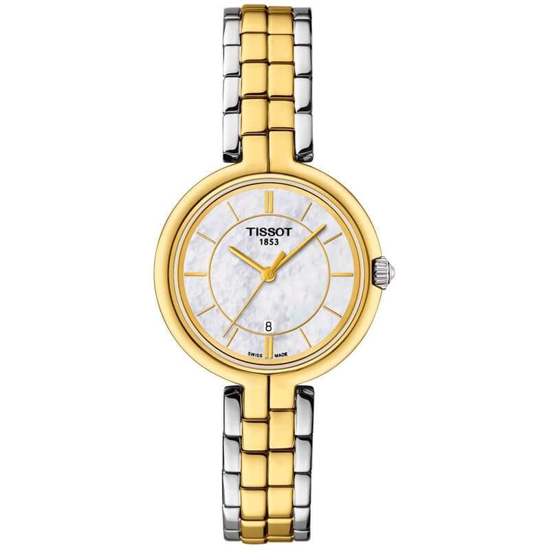 Tissot Flamingo two-tone steel ladies watch with mother-of-pearl dial and gold accent bezel