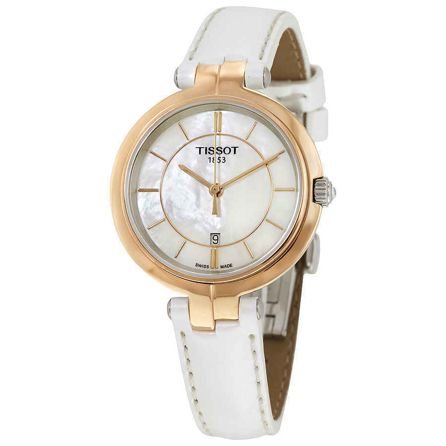 Tissot Flamingo watch angled view showing rose gold case and white leather strap