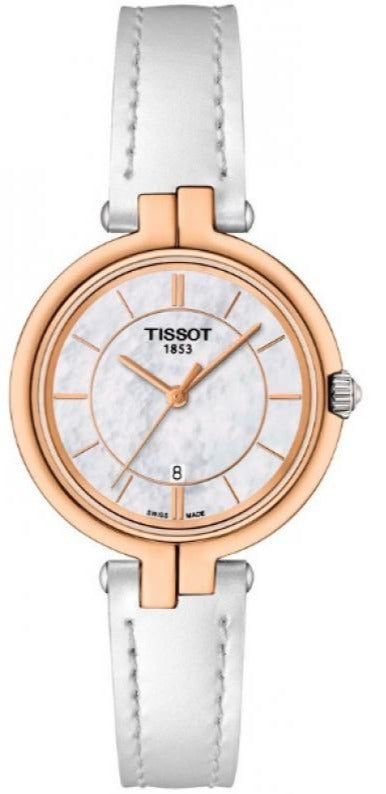 Tissot Flamingo women's watch with rose gold case and white leather strap