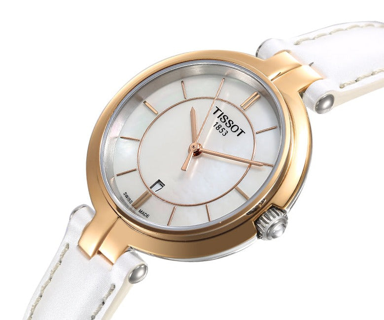 Tissot Flamingo watch side view with mother-of-pearl dial and rose gold bezel