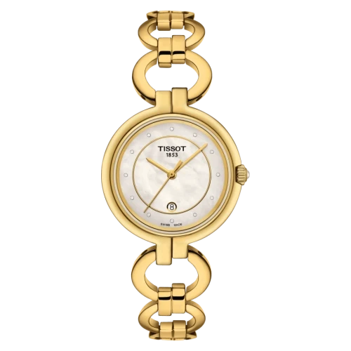 Tissot Flamingo gold-tone women's watch with white mother of pearl dial and diamond indices