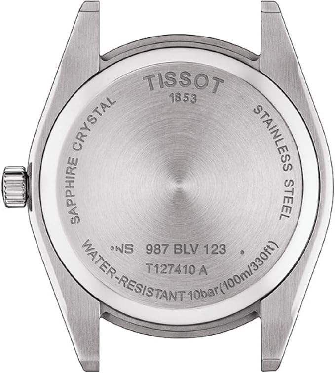 Tissot Gentleman caseback showing sapphire crystal and water resistance specification