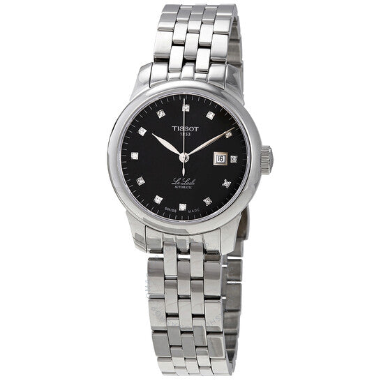 Angled view of Tissot Le Locle Automatic ladies watch with black mother-of-pearl dial and silver steel strap