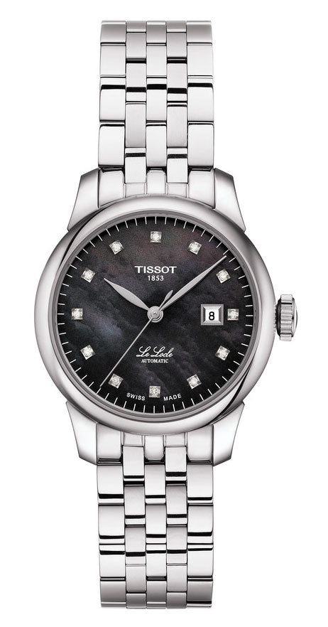 Tissot Le Locle Automatic women's watch with black dial, diamond indices, silver steel bracelet and date window