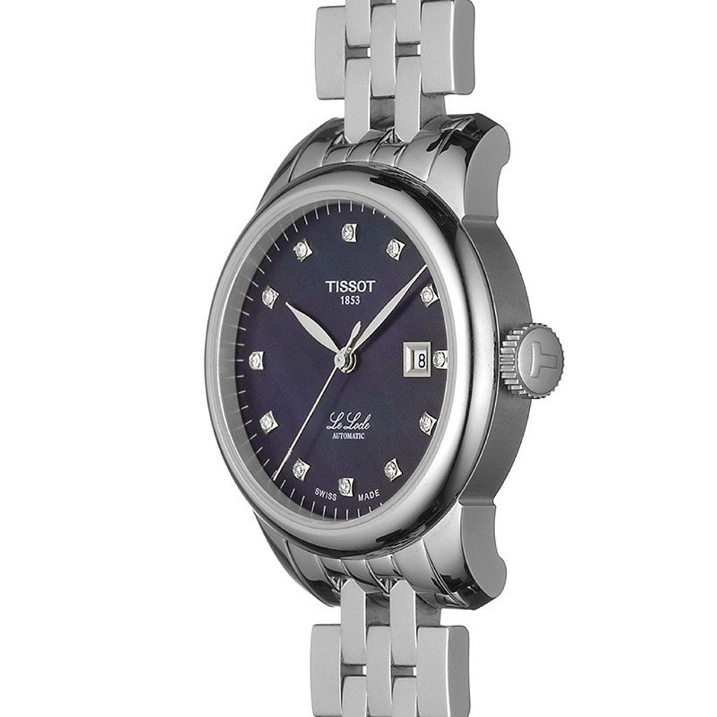 Side profile of Tissot Le Locle Automatic women's watch with stainless steel bracelet and crown