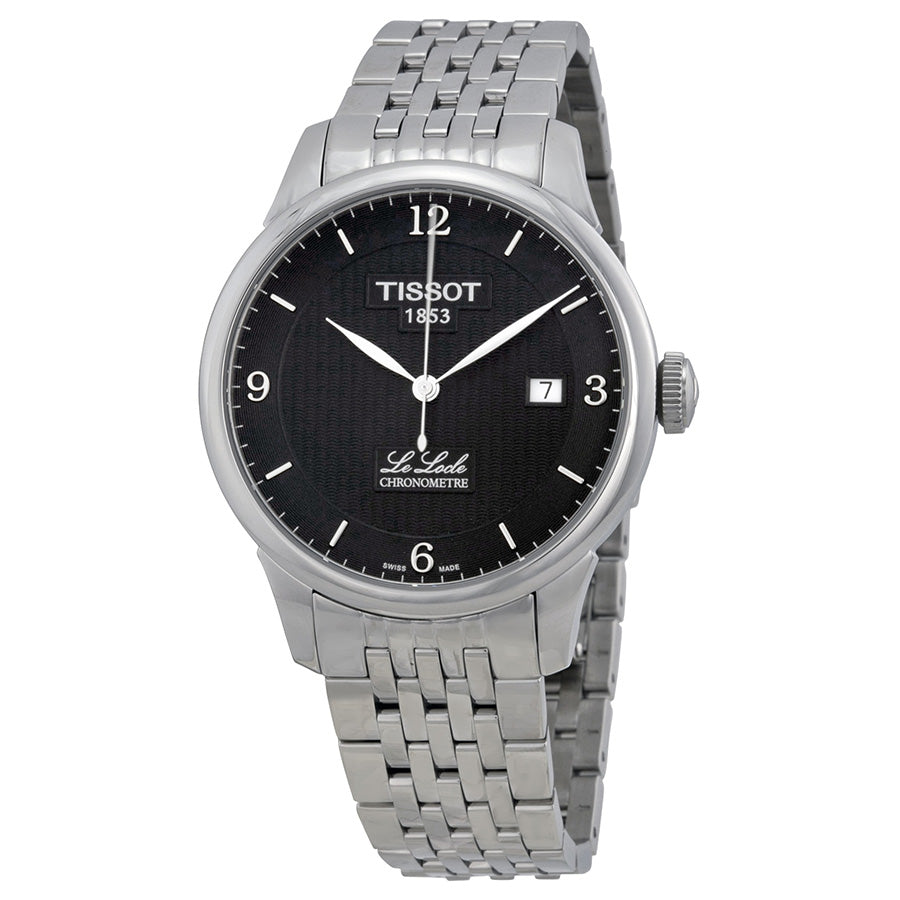 Tissot Le Locle Chronometre watch shown at three-quarter angle with steel bracelet and black dial