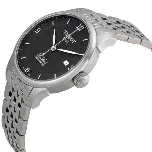 Side profile of Tissot Le Locle Chronometre automatic watch with steel bracelet
