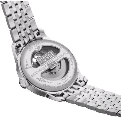 Angled view of Tissot Le Locle watch with visible automatic rotor through case back