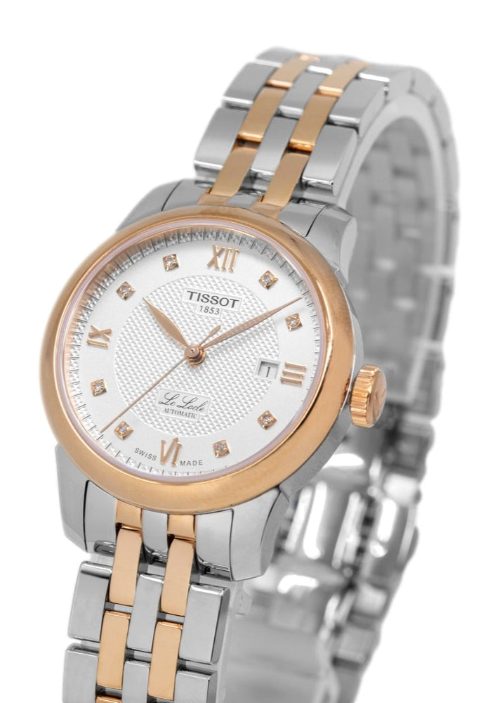 Tissot Le Locle ladies watch angle view showing two-tone steel and rose gold case