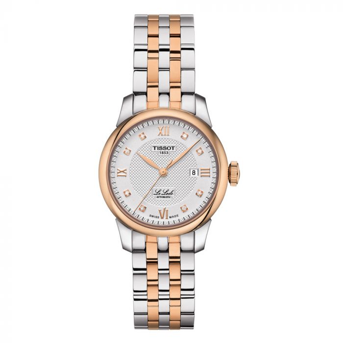 Tissot Le Locle automatic watch front view with diamond markers on silver dial